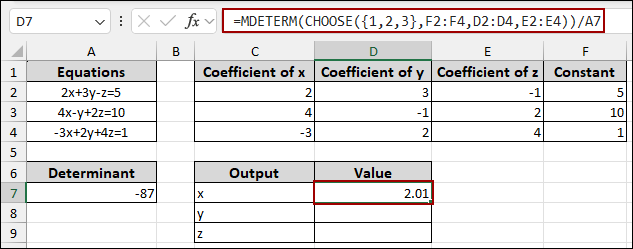 Applying Cramer’s Rule to Solve 3 Equations in Excel