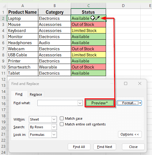 Using Find and Replace Tool to Count Colored Cells in Excel