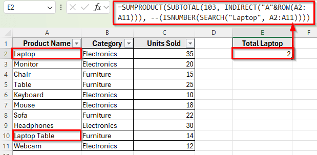 Count Filtered Cells with Specific Text