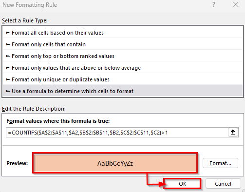 Highlight Duplicate Rows Using Conditional Formatting