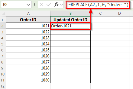 Using the REPLACE Function to Add Text in Multiple Cells
