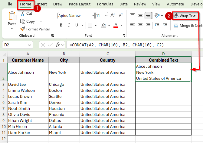 Using CONCAT Function to Concatenate with a Line Break in Excel