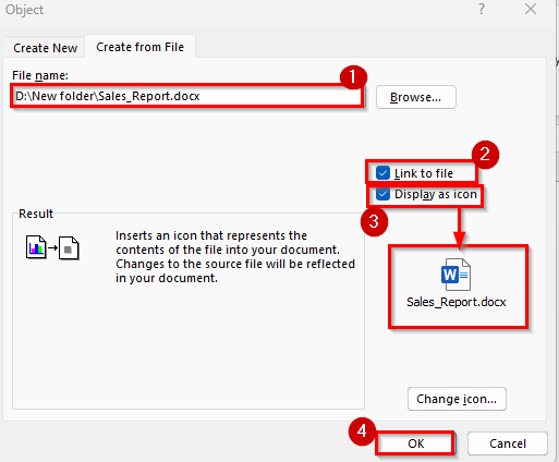 Insert the Word File as a Linked Object