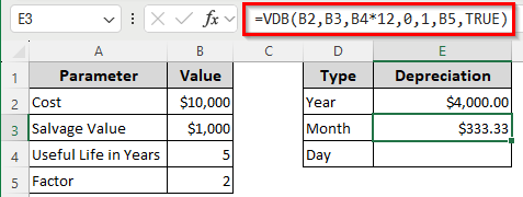 Demonstrating the VDB Function of Calculating Declining Depreciation