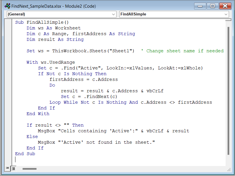 Find and Show Cell Values of All Occurrences Together Using FindNext Method