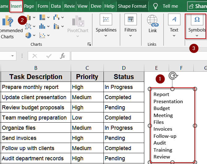 Add Bullet Points in the Text Box Using Excel Symbols