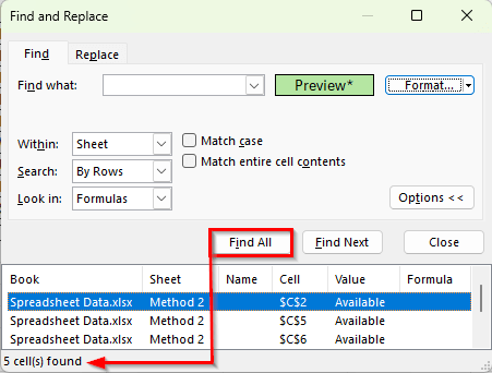 Using Find and Replace Tool to Count Colored Cells in Excel