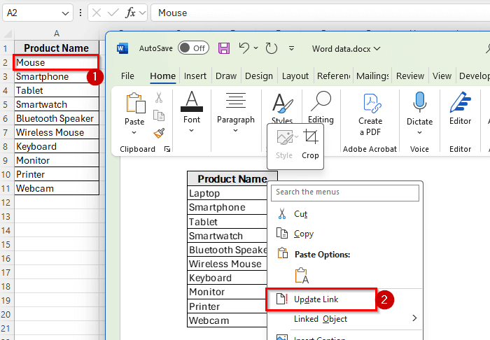 Linking an Excel List into Word Using Paste Special