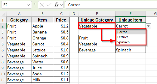 Create a Dynamic Drop-Down List Based on a Cell Value Using FILTER and UNIQUE