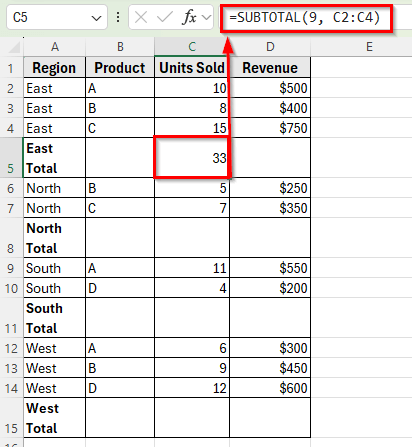 Using the SUBTOTAL Function to Group Rows Manually in Excel