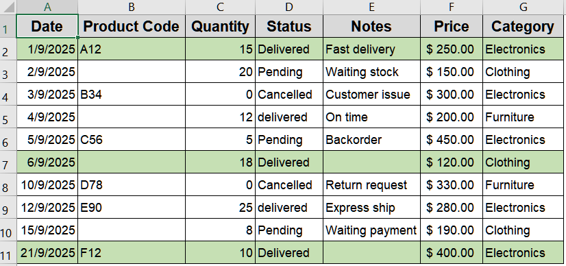 Case-Sensitive Row Highlighting Using FIND Function