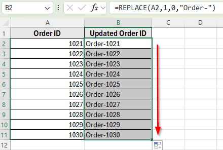 Using the REPLACE Function to Add Text in Multiple Cells