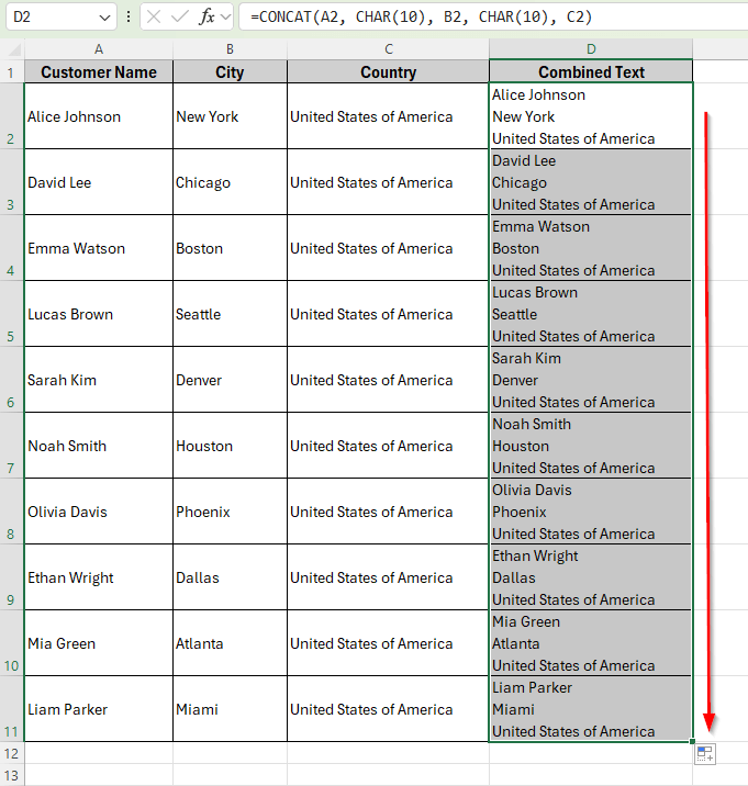 Using CONCAT Function to Concatenate with a Line Break in Excel