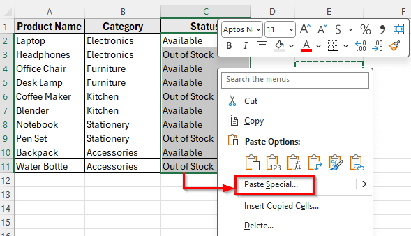 Using Paste Values Option to Remove Drop-Down Arrows