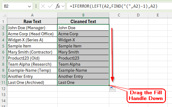 Combining LEFT, FIND, and IFERROR Functions to Remove Parentheses and the Text Inside
