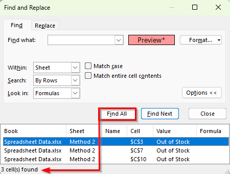 Using Find and Replace Tool to Count Colored Cells in Excel