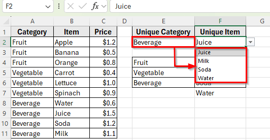 Create a Dynamic Drop-Down List Based on a Cell Value Using FILTER and UNIQUE