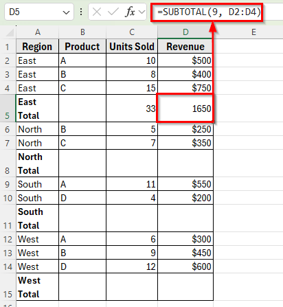 Using the SUBTOTAL Function to Group Rows Manually in Excel