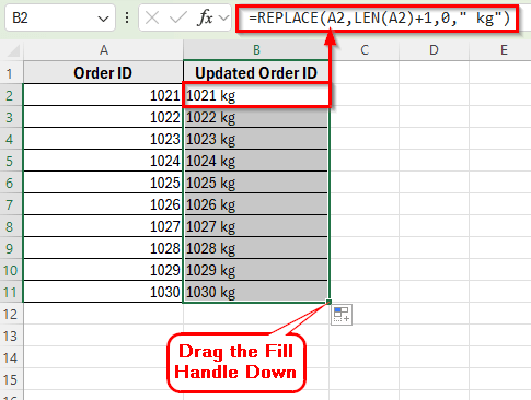Using the REPLACE Function to Add Text in Multiple Cells
