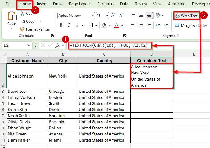 Concatenate Multiple Cells with Line Breaks Using TEXTJOIN Function