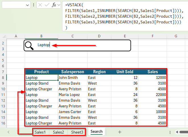 Create a Dynamic Search Box with FILTER Function for Multiple Sheets in Excel