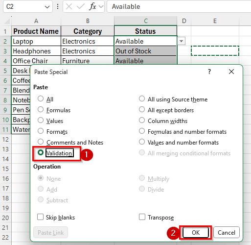 Using Paste Values Option to Remove Drop-Down Arrows