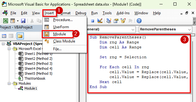 Apply VBA Macro to Remove Parentheses in Excel