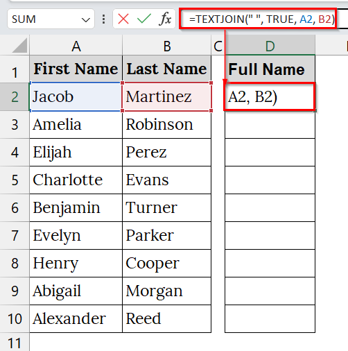 Using the TEXTJOIN Function to Merge Two Columns with a Space