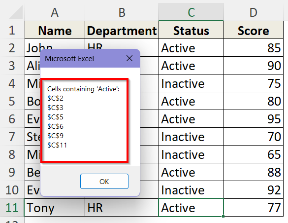 Find and Show Cell Values of All Occurrences Together Using FindNext Method