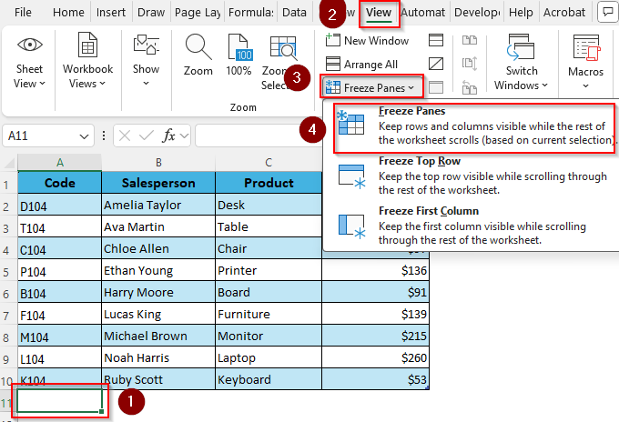 Freeze Panes to Keep the Table Fixed While Scrolling