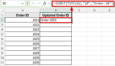 Using the SUBSTITUTE Function to Add Text in Multiple Cells