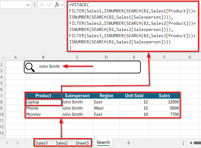 Create a Dynamic Search Box with FILTER Function for Multiple Sheets in Excel