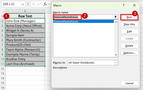 Apply VBA Macro to Remove Parentheses in Excel
