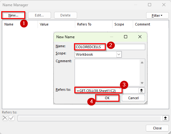 Count Colored Cells Using GET.CELL Function via Named Range