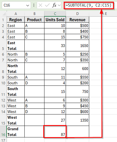 Using the SUBTOTAL Function to Group Rows Manually in Excel