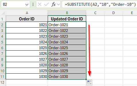 Using the SUBSTITUTE Function to Add Text in Multiple Cells