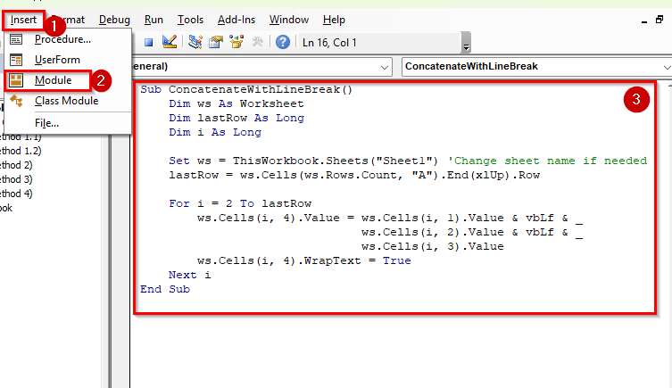 Applying VBA to Concatenate with a Line Break in Excel