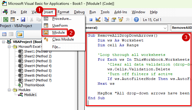 Apply VBA to Remove Drop-Down Arrows in Excel