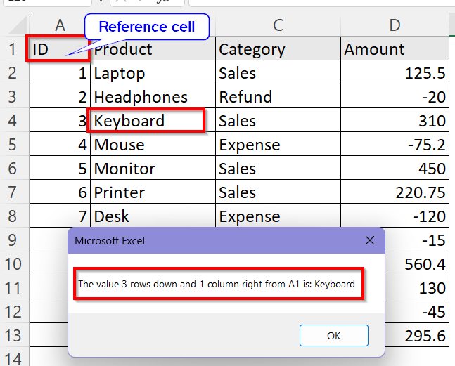 Apply Offset Property to Get Cell Values Using Relative Positioning