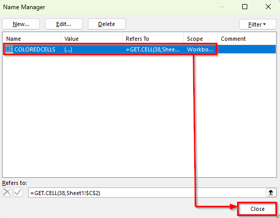 Count Colored Cells Using GET.CELL Function via Named Range