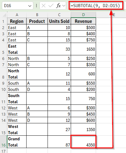 Using the SUBTOTAL Function to Group Rows Manually in Excel