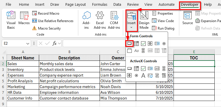 Use of Buttons to Create Table of Contents for Tabs
