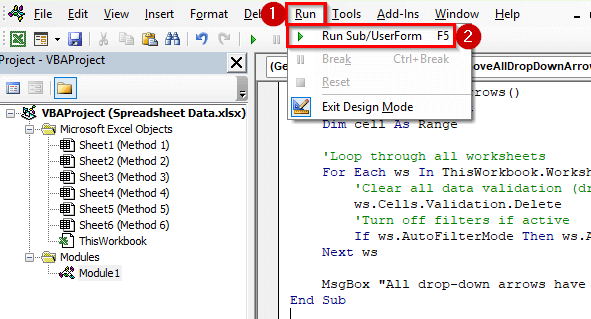 Apply VBA to Remove Drop-Down Arrows in Excel