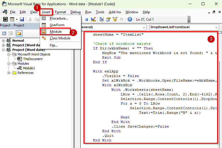 Importing an Excel List into a Word Drop-Down Using VBA