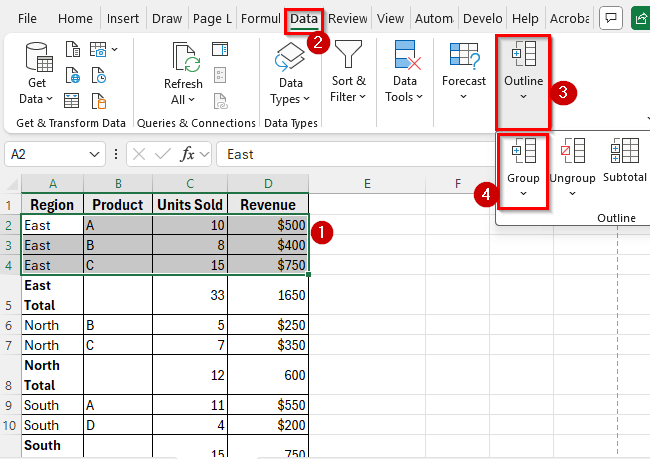 Using the SUBTOTAL Function to Group Rows Manually in Excel