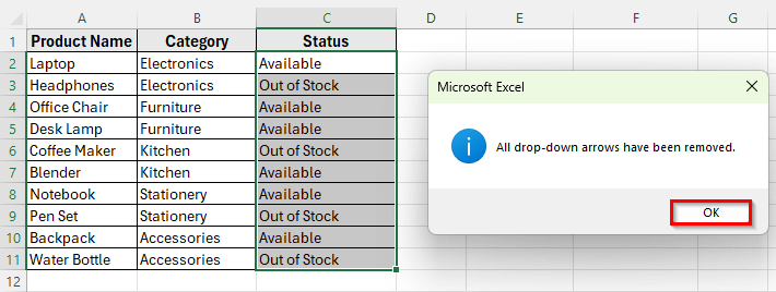 Apply VBA to Remove Drop-Down Arrows in Excel