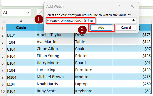 Create a Watch Window with Table Data