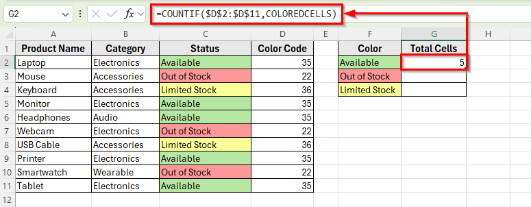 Count Colored Cells Using GET.CELL Function via Named Range