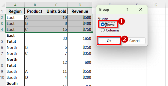Using the SUBTOTAL Function to Group Rows Manually in Excel