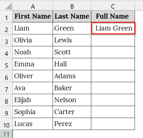 Using the Flash Fill Tool to Merge Two Columns with a Space